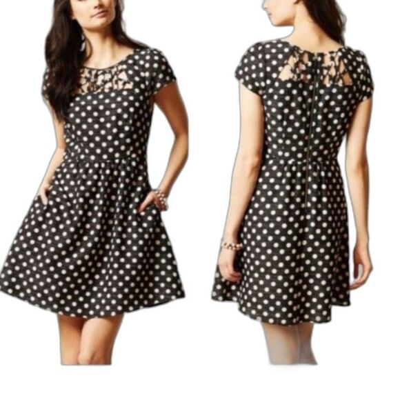 Anthropologie Maeve Nikola Black Cream Dot Print Lattice Neck SS Dress Size 12 - Picture 1 of 16